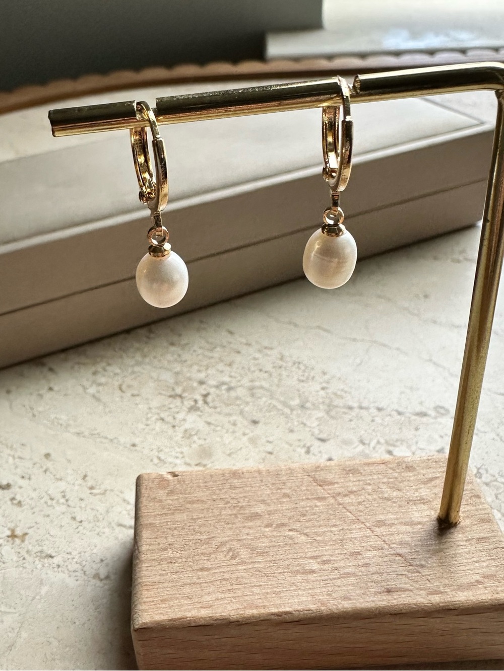 Genuine Freshwater Pearl Drop Hoop Earrings 14k gold plated